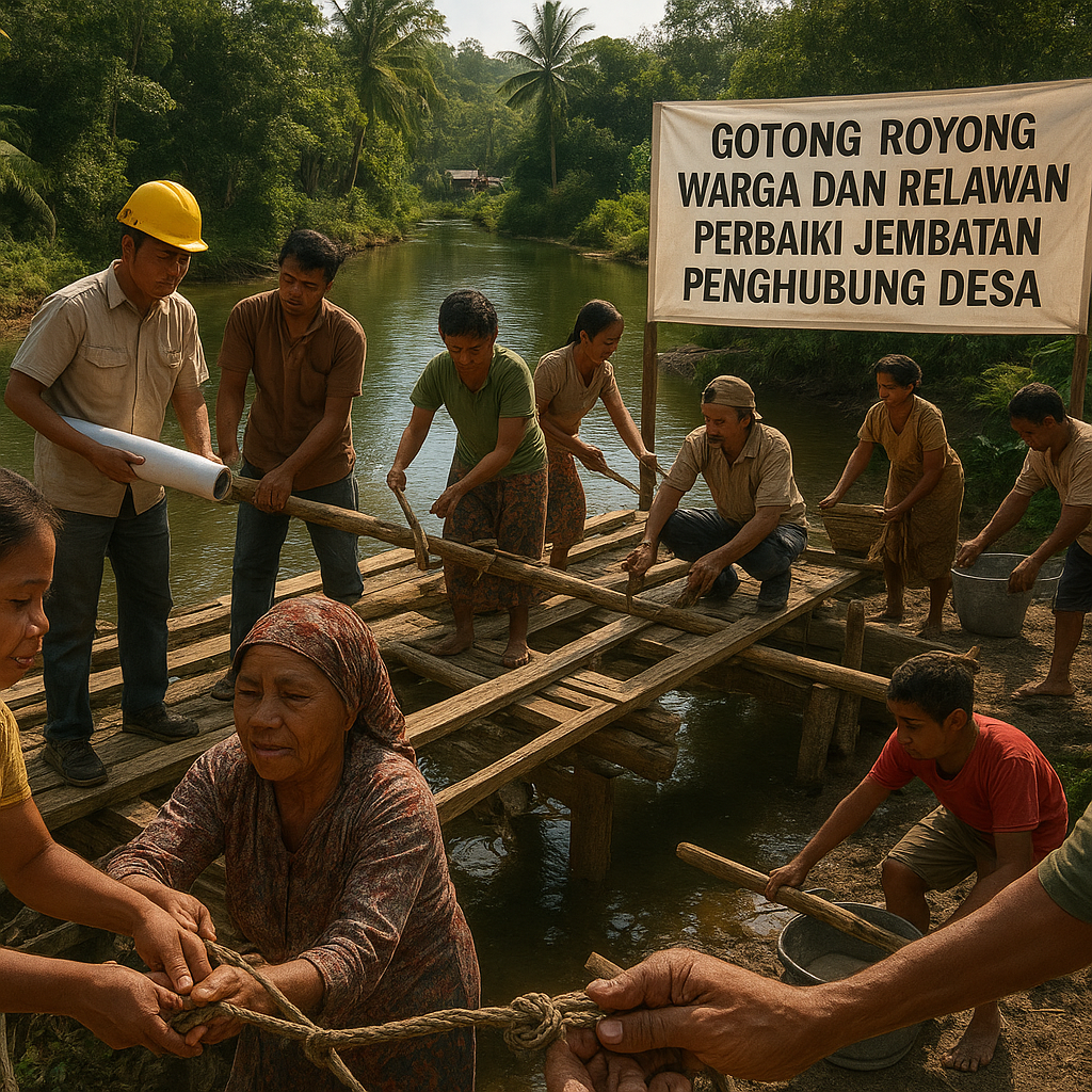 Gotong Royong Warga dan Relawan Perbaiki Jembatan Penghubung Desa yang Rusak