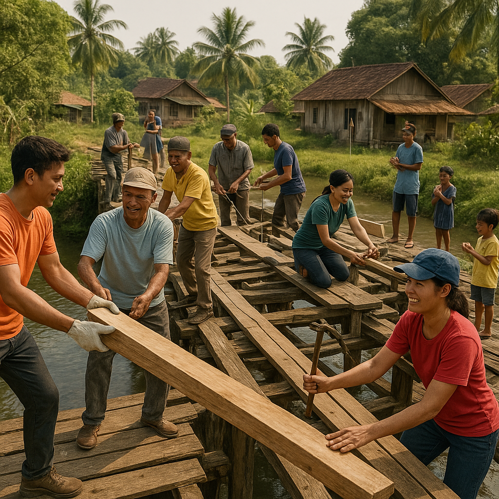 Gotong Royong Perbaiki Jembatan Usang Penghubung Kampung
